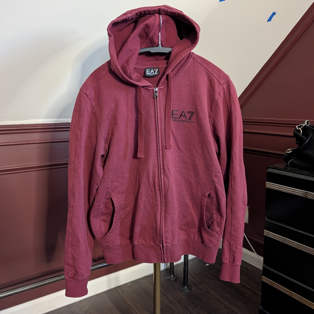 EA7 EMPORIO ARMANI Burgundy Zip-up Logo Print Hoodie XS